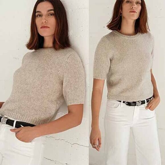 NWT W. Cashmere Brenda Short Sleeve Knitted Rounded Neckline Top Tan Size: Large - Picture 1 of 8